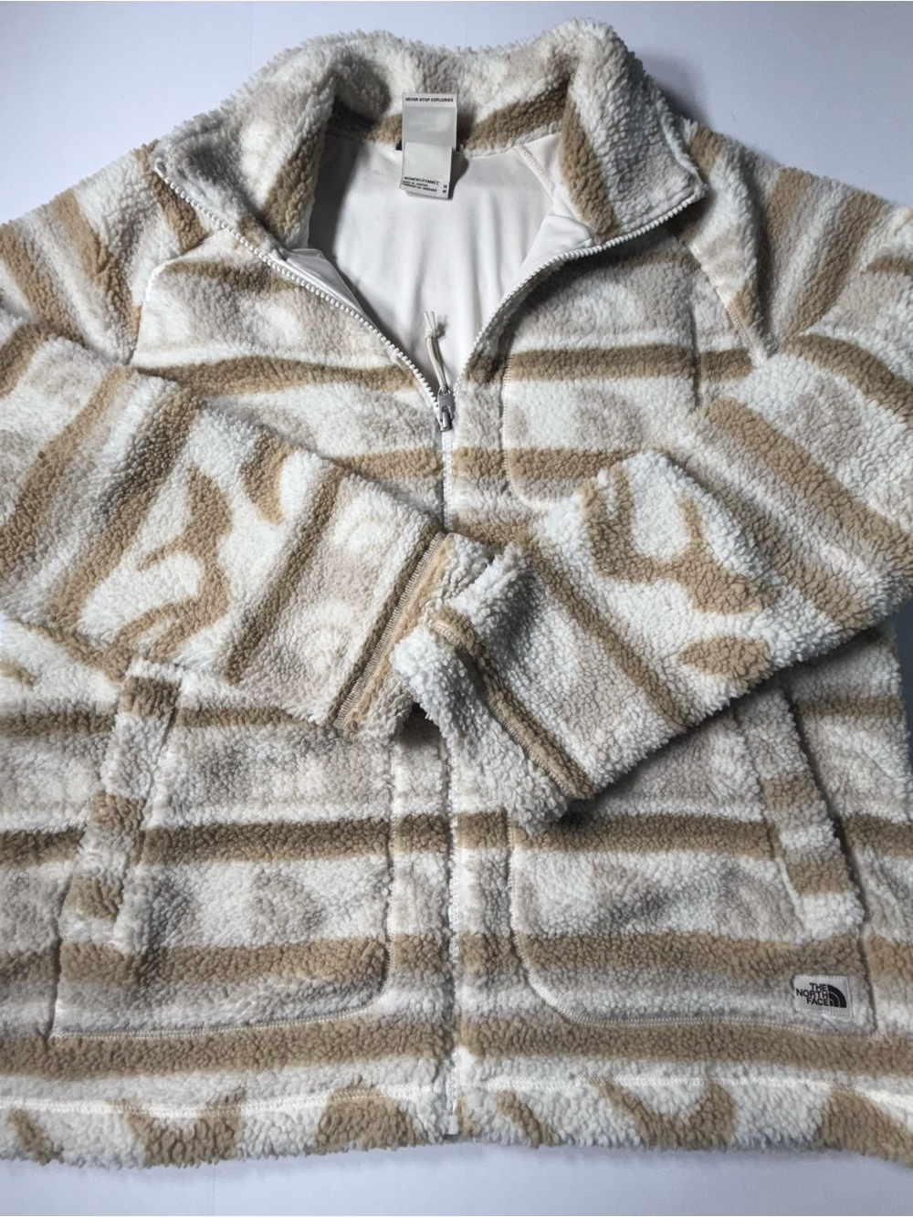 The North Face Cream & Tan Striped Sherpa Zip Jacket medium